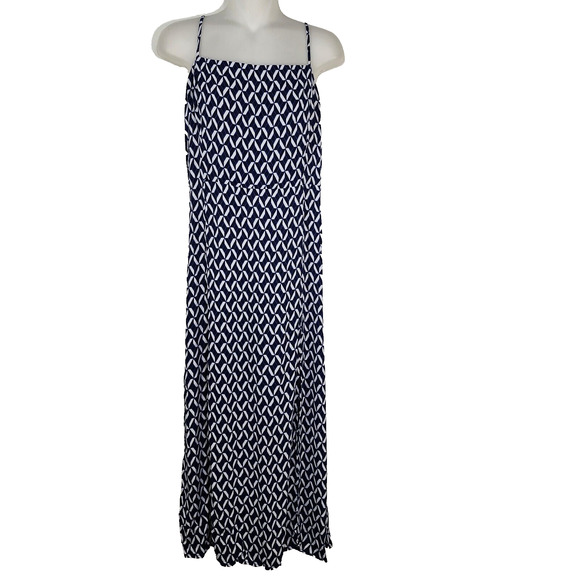 Banana Republic Dress Medium Slit Midi Navy Spaghetti Straps Smocking Geometric - Picture 1 of 12